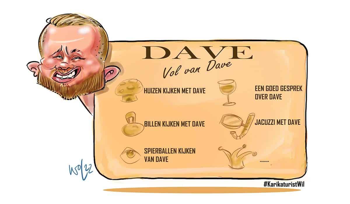Karikatuur van b en b vol liefde deelnemer Dave gemaakt door karikaturist Wil.
