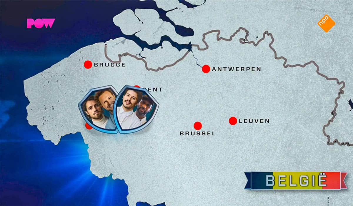 Landkaart van België met daarop De Invasie van België deelnemers Jasper Demollin, Tim Senders, Geza Weisz en Dio.